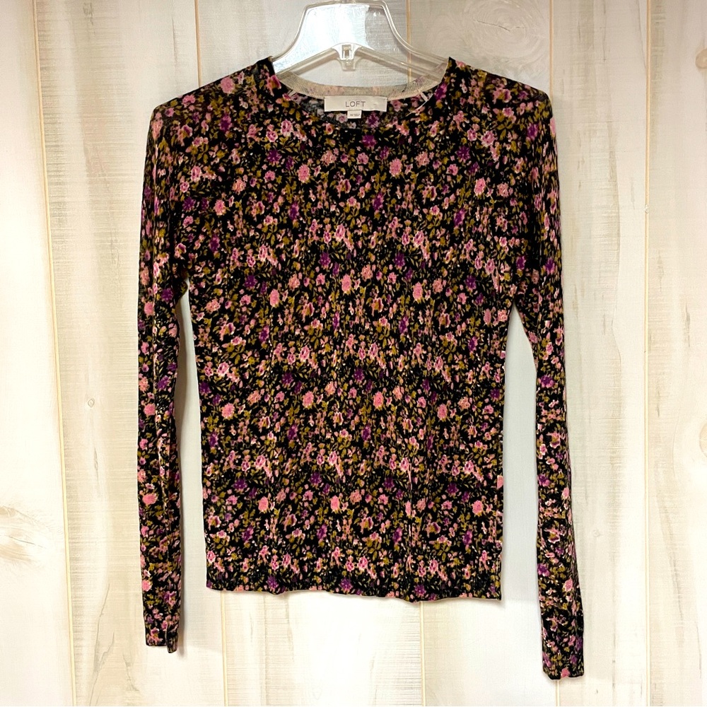 Loft Black Purple Pink Green Floral Lightweight Long Sleeve Sweater, Sz XS